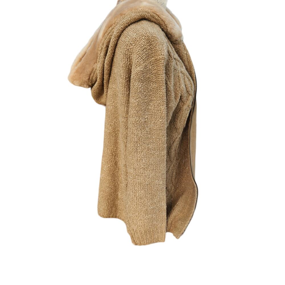 Small Oversized Tan Knit Coat Jacket Faux Fur Hood Zip Heavy Y2K Cozy - Picture 3 of 12